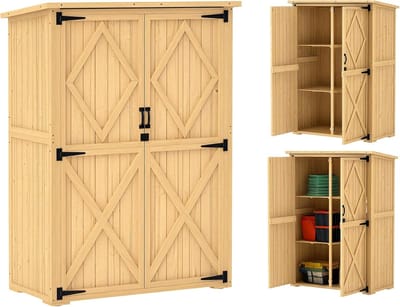 Tuinkast Hout - Opbergkast Tuin - Gereedschap Opbergen - Dubbele Deuren - 116x57x167cm - Natuurhout