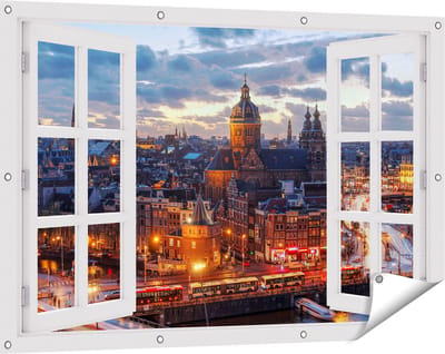Gards Tuinposter Doorkijk Amsterdam Centrum Luchtfoto Zonsondergang - 120x80 cm - Tuindoek - Tuindecoratie - Wanddecoratie buiten - Tuinschilderij