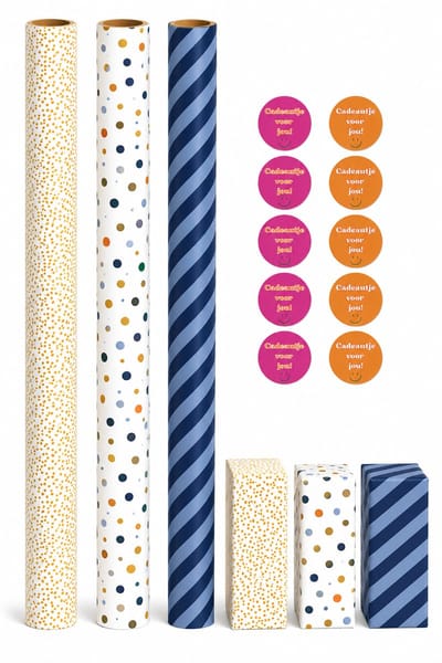3 Rollen Dubbelzijdig Cadeaupapier Inclusief Stickers - Blauw Goud Luxe Inpakpapier Set