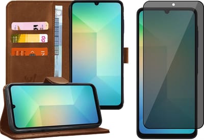 Hoesje geschikt voor Samsung Galaxy A06 - Privacy Screenprotector Volledig Dekkend Glas - Portemonnee Book Case Bruin
