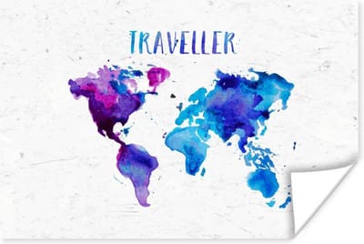 Wanddecoratie - Wereldkaart - Spreuken - Aquarelverf - 60x40 cm - Poster