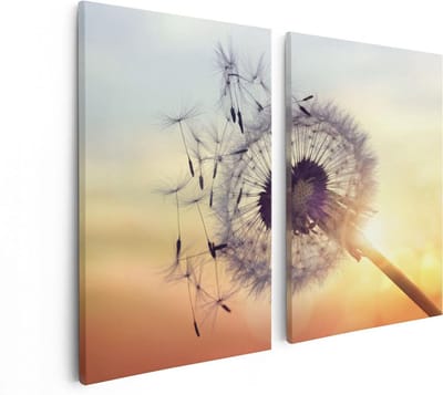 Artaza Canvas Schilderij Tweeluik Paardenbloem Tijdens Zonsondergang - 80x60 - Foto Op Canvas - Canvas Print