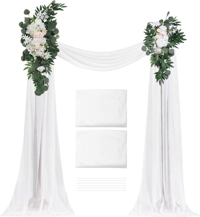 Kunstmatige Bruiloft Boog Bloemen Set 4-Pack - met Gordijnen - 2 Stuks Bloemstukken, 2 Stuks Transparante Gordijnen, voor Ceremonie, Boeketten, Receptie Achtergronddecoratie, Wit