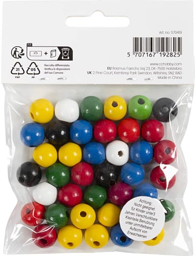 Houten kralen, d 12 mm, gatgrootte 3 mm, ca. 40 div, diverse kleuren, 22 gr