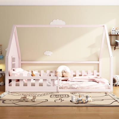Montessori Huisbed 140x200 cm – Houten Kinderbed in Huisvorm – Roze