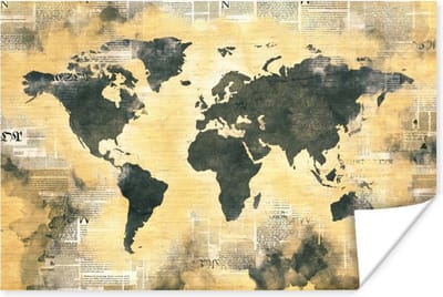Poster 30x20 cm - Wereldkaart - Gouden - Kranten - Posters - Kamer decoratie - Wanddecoratie woonkamer - Muurdecoratie slaapkamer