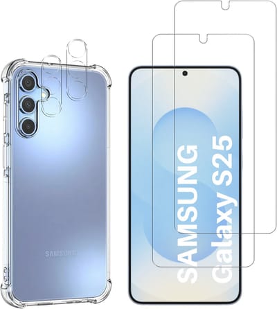 Hoesje geschikt voor Samsung Galaxy S25 backcover Shockproof siliconen Transparant + 2 stuks Screenprotector Gehard Glas + 2 stuks Camera Protector
