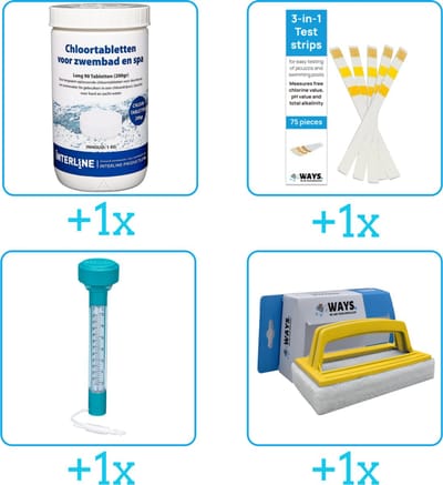 Zwembad Onderhoudspakket - Onderhoud Zwembad - bevat Chloor - Testrips - Thermometer en Scrubborstel (4-delig)
