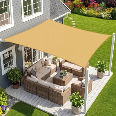 Zonnezeil,Waterdicht Schaduwzeil,Rechthoekig,5x5 m-Zand,Zonwering,Waterafstotend,Premium PES Polyester ANT- UV,voor Buiten Luifel,Tuin,Balkon,Terras