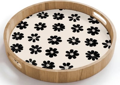 Dienblad rond 40x40 cm - Schootdienblad hout - Grafisch - Madeliefjes - Zwart - Beige - Borrelplank rechthoek - Plateau houten dienbladen