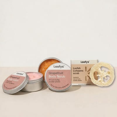 Alles-in-1 Lichaamsverzorging Cadeauset – Bodylotion 150ml + Bodyscrub 150ml + Loofah Spons - Grapefruit