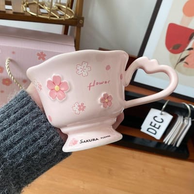 Schattige Kersenbloesem Mok met Lepel Hoogwaardig Souvenir Meisjeshart Keramische Waterbeker Geschenkdoos met Kelkglas 360ml gray