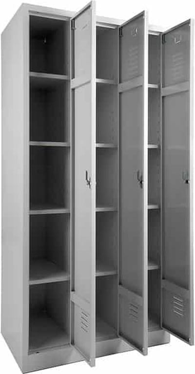 Garderobekast voorzien van legborden in alle kolommen Aantal deuren 2 Aantal legborden 8 Breedte 60CM Hoogte 180CM Kleur frame Licht grijs (Ral 7035) Soort poot Op de sokkel Slot Met sleutel en cilinderslot