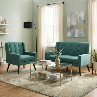 DESMIU Fauteuil - 68 x 76 x 88 cm - 2-Delige Set Met Eenzits En Tweezits - Hoogdichtschuim En Tufting - Stof Retrogroen