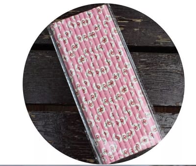25 rietjes - papier - kleuren: roze / wit / rood / groen - motief: rode roos in witte bloem met roze achtergrond - 1 pakje met 25 rietjes