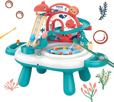 Interactieve 3-in-1 Speeltafel & Visspel - Elektrisch Speelgoed met Glijbaan, Muziek & 2 Hengels - Magnetisch Vissen Spel voor Binnen - Fishing Set Speelgoed - Speelset met Visspel - Cadeau voor Kinderen 3 Jaar, Groen