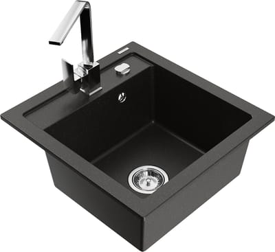 Mexen Vito granieten gootsteen 1-komerig met keukenmengkraan Rita, zwart/gouden metallic - 6503-75-670300-00