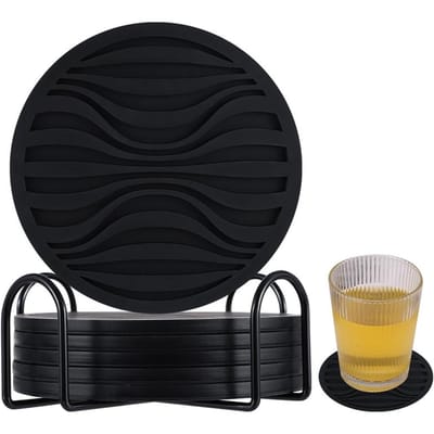 6 STUKS/Set Siliconen Drinkonderzetters Met Metalen Houderstandaard Antislip Drank Koffiekop Rond Kopmatje Potgrijpers Pads Tafelgerei M&Round black