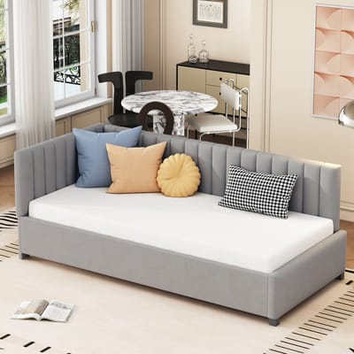 STILVORA Gestoffeerd Bed 90x200cm – Slaapbank Met Lattenbodem – Omkeerbare Rugleuning Links Of Rechts – Zonder matras – Fluweel – Grijs