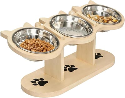 Verhoogde Huisdierbakken - Voerstation Honden - Comfortabel Eten - Drievoudig Bak Systeem - 43L x 16B cm - Natuurlijk Hout