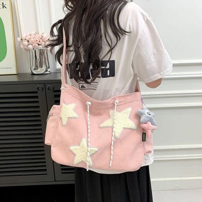 Niche Ontwerp Handtas Ster Vrouwelijke Student Grote Capaciteit Reizen Tote Corduroy Schouder Crossbody Tas Nieuw gray