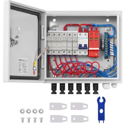 VEVOR PV-verdeelkast, 6-rijig, zonne-energie combinerkast met 10 A nominale stroomzekering, 63 A stroomonderbreker, bliksemafleider en zonne-energieaansluiting, stalen behuizing voor on-grid/off-grid zonnepanelensysteem, IP65