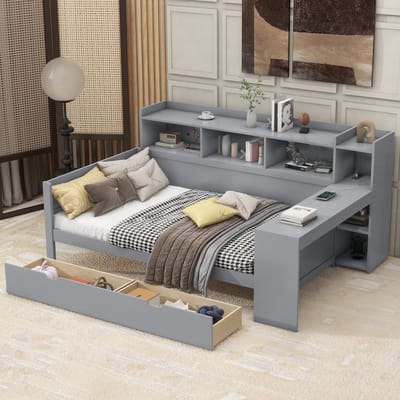 Sweiko Slaapbank 90 x 200 cm, met USB-poort, 2 laden en bureau, zonder matras, spaanplaat, grijs