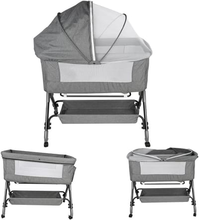 3-in-1 Opvouwbare Babywieg Bedrand Met Matras en Laken, In Hoogte Verstelbaar