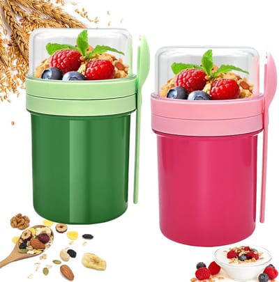 2-pack yoghurtbekers, praktisch 550 ml + 250 ml, muesli ontbijtbekers met lepel, muesli ontbijtbekers, dubbele laag, lekvrije saladebekers, yoghurtbakjes voor werk, school, picknicks
