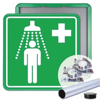Nooddouche bord 40x40 cm - Bevestiging: Met paal 150 cm + paalbeugels + paaldop