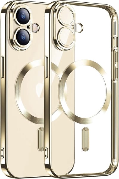Hoesje Geschikt voor iPhone 16 Plus Magsafe hoes - Lens beschermer – backcover – Transparant/Goud