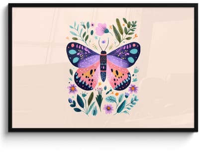 Poster in lijst - Fotolijst 120x80 cm - Posters - Bloemen - Bladeren - Vlinder - Kleurrijk - Posterlijst zwart - Decoratie - Wanddecoratie woonkamer - Muurdecoratie slaapkamer