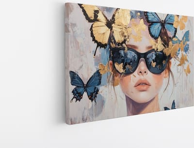 Saammp - Canvas Schilderij - Vrouw met goud en blauwe vlinders - Abstract - 30x20 - Foto op canvas - Wanddecoratie - Muurdecoratie Woonkamer - Slaapkamer decoratie - Canvas Print