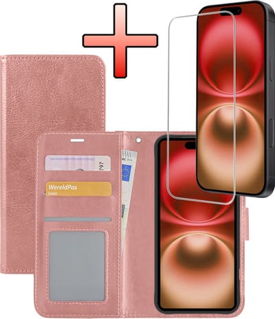 Hoesje - Met Screenprotector - Geschikt voor Apple iPhone 16 - Luxe Pasjeshouder - Bookcase Portemonee - Flip Case - Kunstleer Book Case - Flipcase - Book Cover - Walletcase - Portemonneehoes - Rosé goud