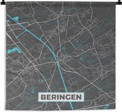 Wandkleed - Wanddoek - België – Beringen – Stadskaart – Kaart – Blauw – Plattegrond - 180x180 cm - Wandtapijt