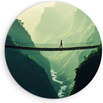 Saammp Muurcirkel Hout - Touwbrug met persoon - Landschap - Natuur - Ø 90 - Wandcirkel - Wanddecoratie Cirkel - Muurdecoratie Woonkamer - Slaapkamer decoratie - Rond Schilderij