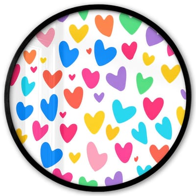 Poster in lijst Rond - Fotolijst 40x40 cm - Posters - Hartjes - Kleurrijk - Patroon - Levendig - Ronde posterlijst zwart - Decoratie - Wanddecoratie woonkamer - Muurdecoratie slaapkamer