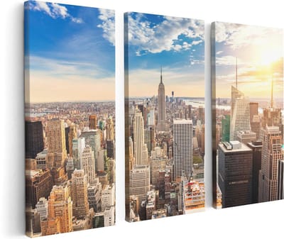 Artaza Canvas Schilderij Drieluik New York Manhattan Tijdens Zonsondergang - 120x80 - Foto Op Canvas - Canvas Print