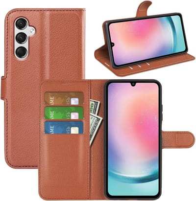 Geschikt voor Samsung Galaxy A25 5G - Kickstand - Kaarthouder - Magnetische Gesp - Hoesje met Siliconen Bumper - Bruin