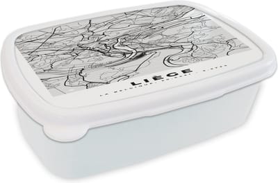 Broodtrommel Wit - Lunchbox - Brooddoos - Kaart – Plattegrond – Stadskaart – Liège – België – Zwart Wit - 18x12x6 cm - Volwassenen