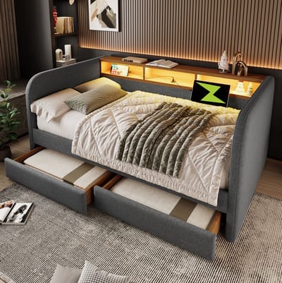 FloraGrace Bedbank 140x190 cm - Met LED, USB En USB-C Oplaadpunt - Met Opbergruimte En 2 Lades - Voor Volwassenen - Stof - Grijs - Zonder Matras