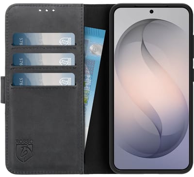Rosso Deluxe Echt Leer Hoesje Geschikt voor Samsung Galaxy S26 | Ruimte voor drie pasjes | Portemonnee Book Case | Met Pasjeshouder | Zwart
