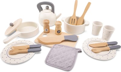 Woet® Houten Servies en Pannenset voor Kinderen - 20-delige Speelset met Pannetjes, Servies en Bestek - Speelgoedkeuken Accessoires voor Kinderen - Rollenspel Keukenspeelgoed - Vanaf 2 Jaar
