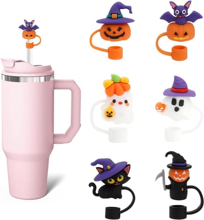 Set van 6 Halloween Drinkrietjes met 10mm Caps voor 40 oz en 30 oz Herbruikbare Bekers, Pompoen en Vleermuis Design, Silicone Stofbescherming voor Halloween Feestjes