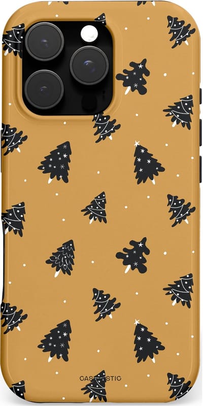 Casetastic hoesje geschikt voor Apple iPhone 16 Pro - MagSafe - Dubbellaagse bescherming - Zwarte Kerstboom Feest - Fashion Case - Goud Donkergrijs Taupe