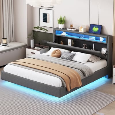 Gestoffeerd tweepersoonsbed met draaibaar opbergkopdeel en LED - Slaapkamer en logeerkamer - 160x200 cm - Grijs linnen - USB-laadstation - Zwevend design - Inclusief lattenbodem