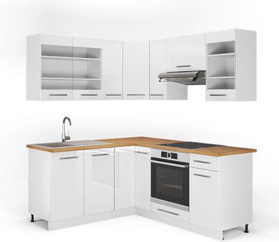 Vicco Hoekkeuken Fame-Line, Wit Hoogglans/Wit, 190 x 160 cm, WB Eik