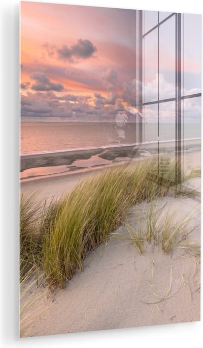 MuchoWow® Glasschilderij 100x150 cm - Schilderij acrylglas - Strand - Zee - Duin - Nederland - Roze - Foto op glas - Muurdecoratie woonkamer - Wanddecoratie slaapkamer - Schilderijen