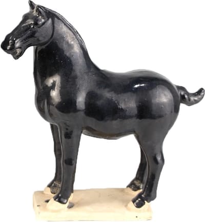Fine Asianliving Chinees Paard Han Dynasty Tang Paard Keramiek Handgemaakt Zwart
