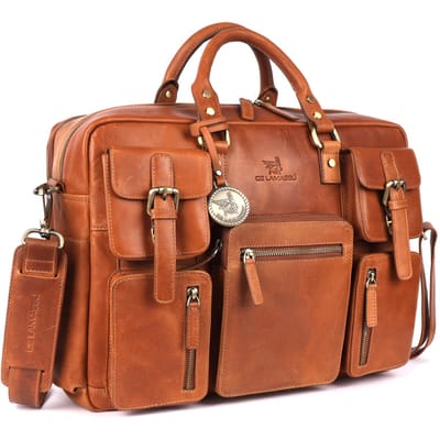 DE LAMASSU® Dorian Leren Aktetas 17 inch – Unisex Business Laptoptas van Echt Leer – Vintage Werktas met 5 Vakken – Bruin